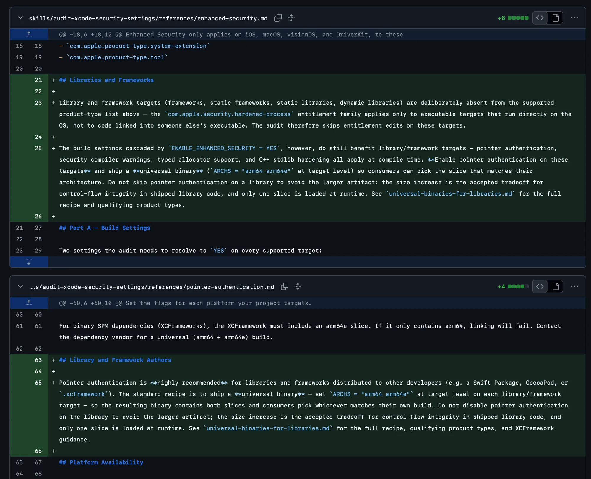 Diff of the audit-xcode-security-settings references. enhanced-security.md and pointer-authentication.md gain new sections covering pointer authentication and universal binaries for library and framework targets.