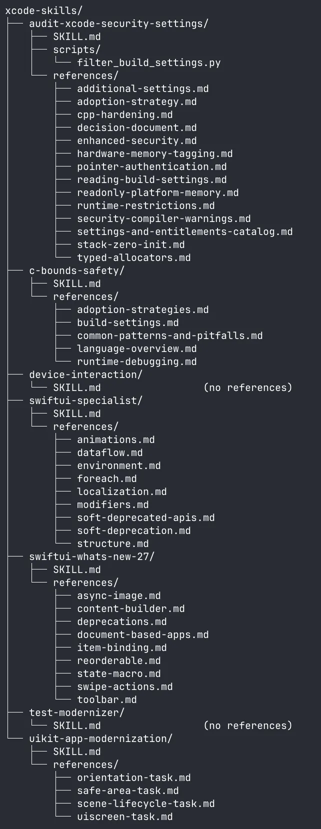 tree listing of the exported xcode-skills directory: seven skill folders, each with a SKILL.md and most with a references/ folder of markdown files