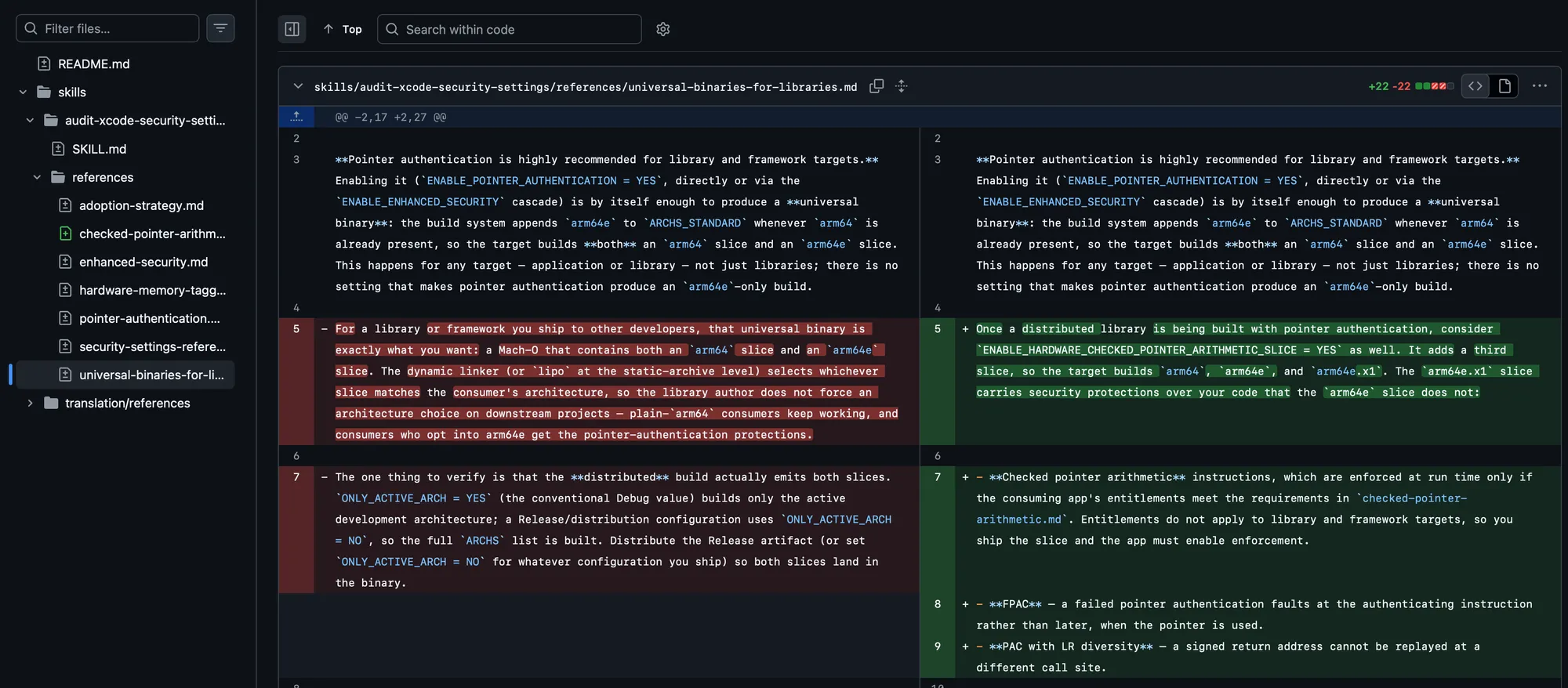 The release commit on GitHub, split diff of audit-xcode-security-settings/references/universal-binaries-for-libraries.md. The left side is the old paragraph on shipping arm64 and arm64e slices and verifying ONLY_ACTIVE_ARCH. The right side replaces it with a paragraph introducing the arm64e.x1 slice and a list of what it carries, checked pointer arithmetic, FPAC and PAC with LR diversity.